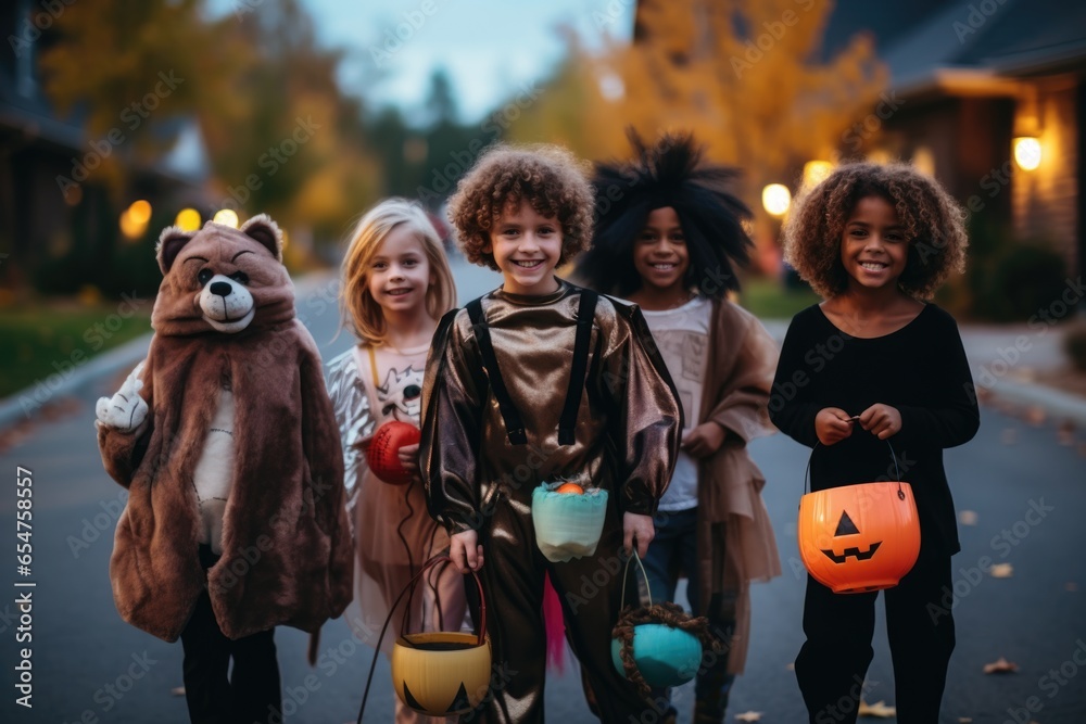 Diverse group of children and kids in halloween costumes trick or treating in the suburbs in a neighborhood