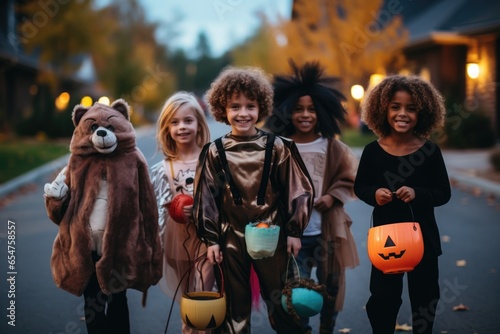 Diverse group of children and kids in halloween costumes trick or treating in the suburbs in a neighborhood