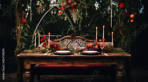 Romantic Wooden Dinner Table Decorated for Lovers with Flower Arrangements and Hanging Leaves