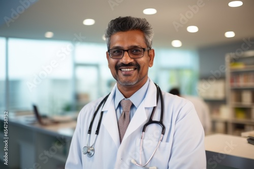 Portrait of a middle aged male indian doctor working in a hospital