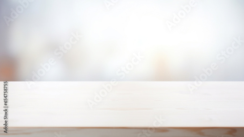 Empty white table blurred on soft light gently bokeh background