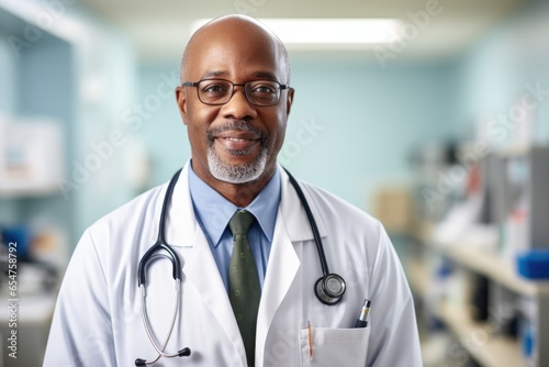 Smiling portrait of a middle aged male african american doctor working in a hospital
