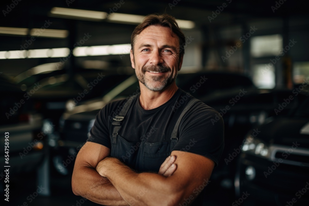 Portrait of a white middle aged male car mechanic working in a car mechanic shop