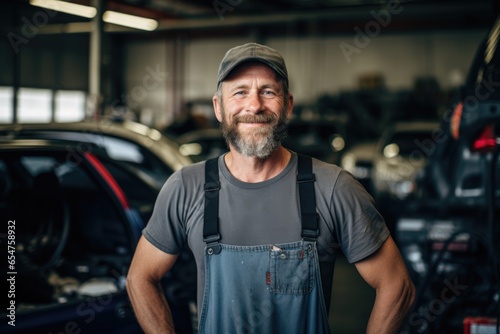 Portrait of a white middle aged male car mechanic working in a car mechanic shop