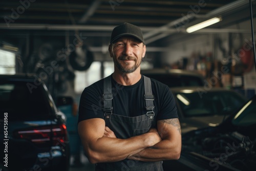 Portrait of a white middle aged male car mechanic working in a car mechanic shop