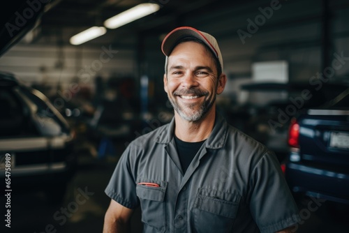 Smiling portrait of a middle aged caucasian car mechanic working in a mechanic shop © Baba Images