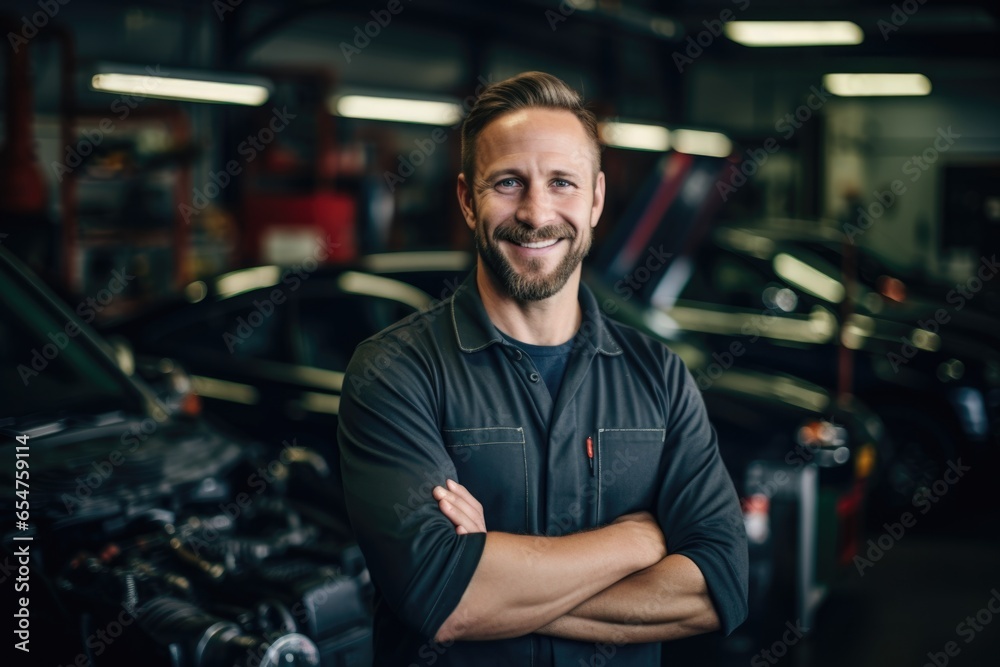 Smiling portrait of a middle aged caucasian car mechanic working in a mechanic shop Smiling portrait of a middle aged caucasian car mechanic working in a mechanic shop