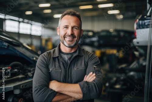Smiling portrait of a middle aged caucasian car mechanic working in a mechanic shop