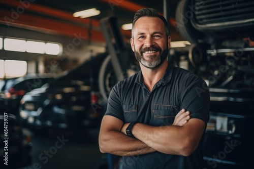 Smiling portrait of a middle aged caucasian car mechanic working in a mechanic shop © Baba Images