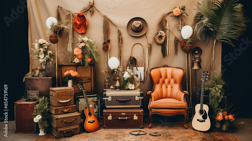 Bohemian Photo Booth Area Vintage Style Background, Hats, Scarves, Polaroid Camera-Standard
