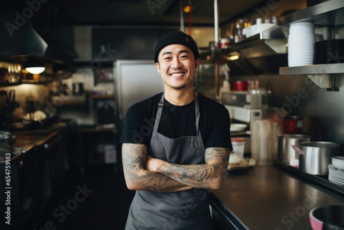 Smiling portrait of a young tattood asian chef working in a restaurant kitchen