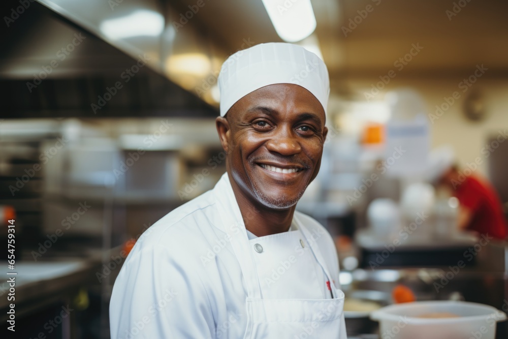 Smiling portrait of a middle aged african american chef working in a restaurant kitchen Smiling portrait of a middle aged african american chef working in a restaurant kitchen