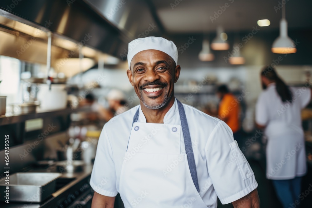 Smiling portrait of a middle aged african american chef working in a restaurant kitchen Smiling portrait of a middle aged african american chef working in a restaurant kitchen