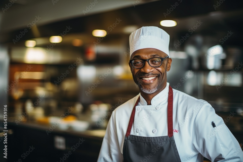 Smiling portrait of a middle aged african american chef working in a restaurant kitchen Smiling portrait of a middle aged african american chef working in a restaurant kitchen