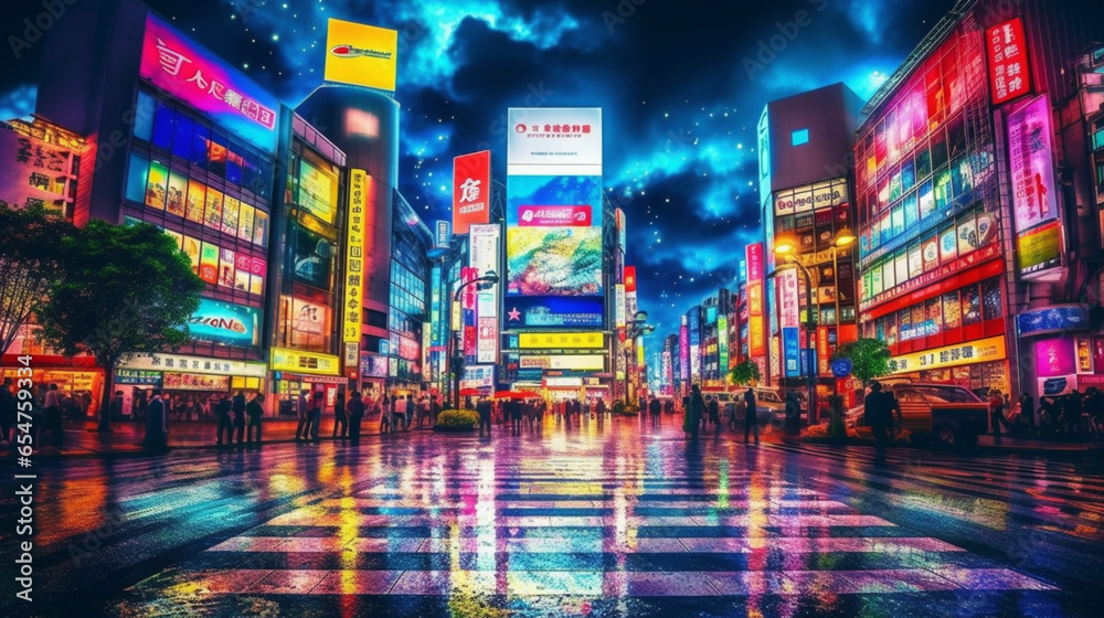 Neon night city Shibuya crossing in Tokyo. - obrazy, fototapety, plakaty 