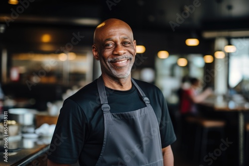 Smiling portrait of a middle aged african american chef working in a restaurant kitchen