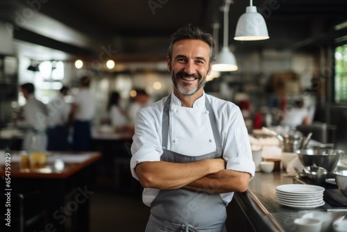 Smiling portrait of a caucasian chef working in a restaurant kitchen