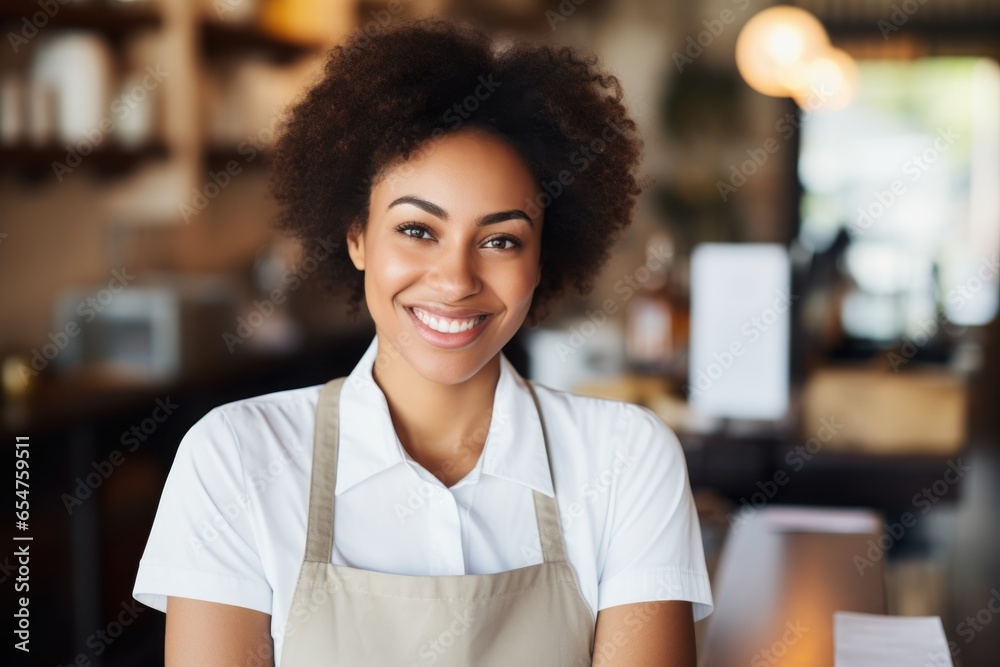 Smiling portrait of a happe female african american bartender Smiling portrait of a happe female african american bartender