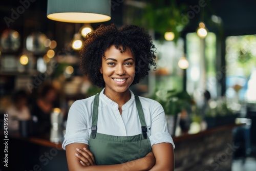 Smiling portrait of a happe female african american bartender