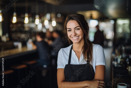 Smiling portrait of a happy female caucasian bartender working in a cafe or bar