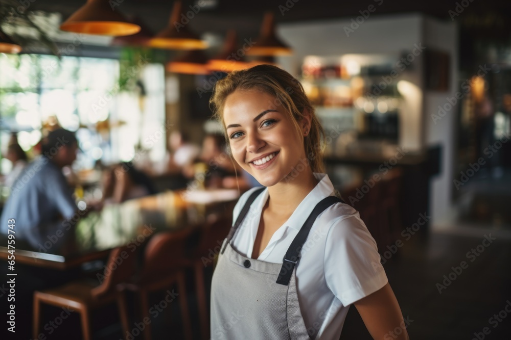 Smiling portrait of a happy young female caucasian waitress working in a cafe or bar Smiling portrait of a happy young female caucasian waitress working in a cafe or bar