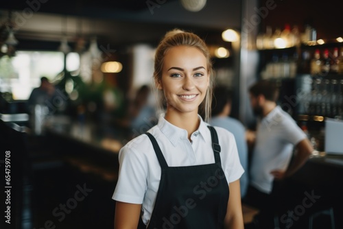 Smiling portrait of a happy young female caucasian waitress working in a cafe or bar © Baba Images
