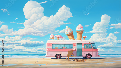 A ice cream truck is parked on the beach