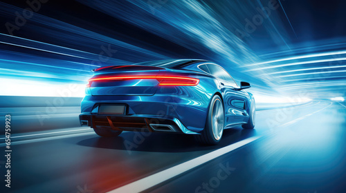 Rear view of blue car at high speed on a highway © Miquel