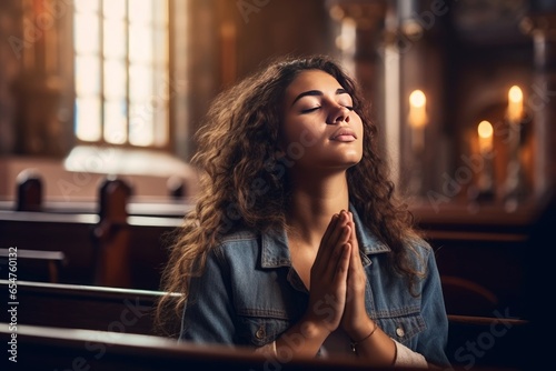Young woman praying to God in church. Faith in religion and belief in God. Power of hope or love and devotion, Generative AI  photo