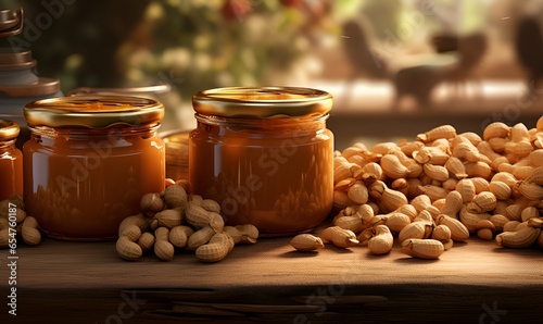 jars of peanut butter and scattered nuts, ai generative