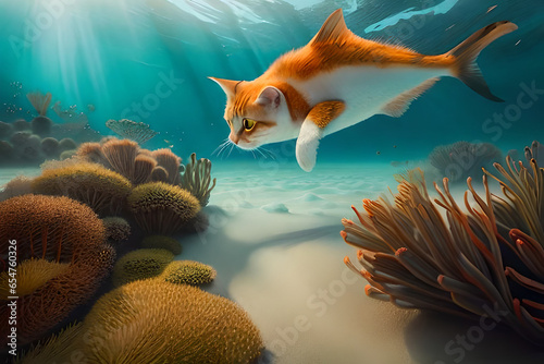 A cat swimming under a fish AI-generated Digital Art
