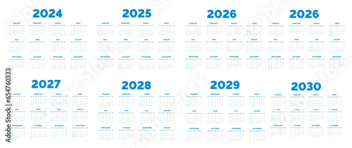 2024, 2025, 2026, 2027, 2028, 2029, 2030 Calendar  set vector illustration. week starts on Sunday, Simple planner design template corporate business wall calendar design bundle.