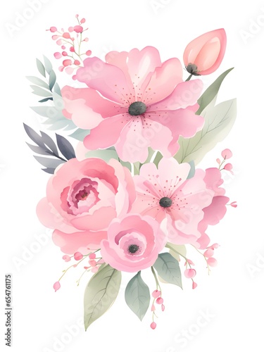 watercolor floral bouquet with pink peonies and roses © mansum008