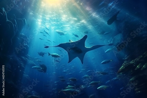 Underwater adventure with manta ray. Generative AI