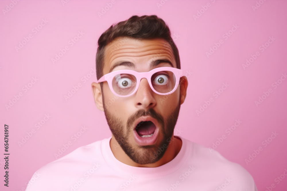 Surprise and Disbelief: Terrified Casual-Dressed Man, Wearing Glasses, Experiences Astonishment Upon Discovering His Unexpected Success, Isolated on Pink Background.
