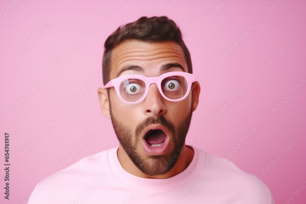 Surprise and Disbelief: Terrified Casual-Dressed Man, Wearing Glasses, Experiences Astonishment Upon Discovering His Unexpected Success, Isolated on Pink Background. Surprise and Disbelief: Terrified Casual-Dressed Man, Wearing Glasses, Experiences Astonishment Upon Discovering His Unexpected Success, Isolated on Pink Background.