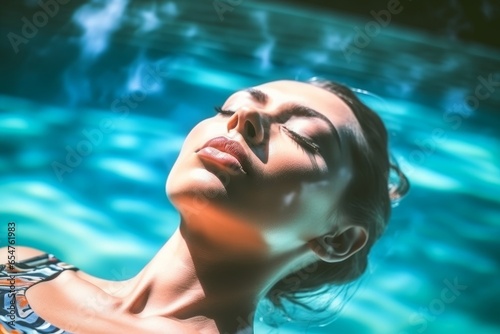 High angle view of woman relaxing in the swimming pool water with closed eyes. summer vacation. generative AI, Generative AI 