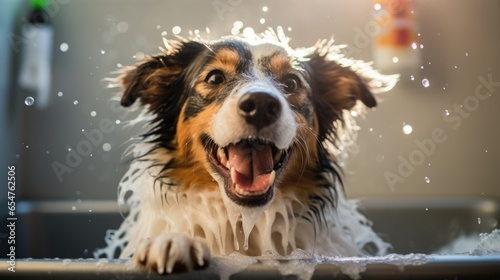 Washing border collie dog in bath. Dog taking bath  photo