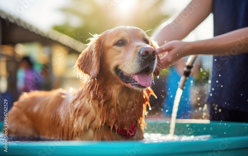 Washing golden retriever in outdoor bath. Dog taking bath