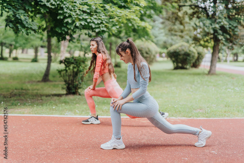 Active Young Women Exercising and Stretching Outdoors in Urban Park