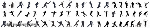 Silhouette of cricket player collection. Batting, bowling, fielding and catching action of cricket player. 