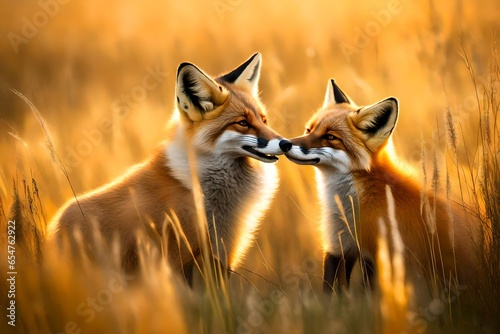 A pair of wild foxes playing in a meadow of tall grass under a golden sunset