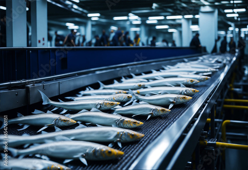 Fishes on conveyer Fish processing plant