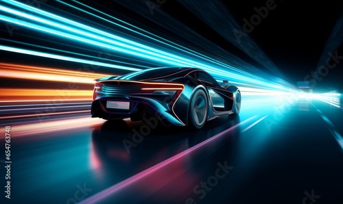 Futuristic Sports Car On Neon Highway. Powerful acceleration of a supercar with colorful lights trails, Generative AI © The Picture Show