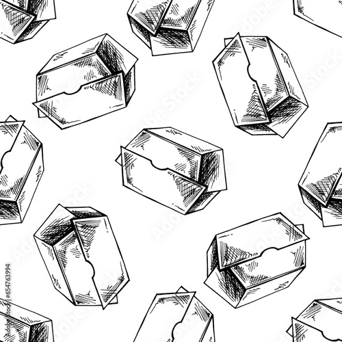 Hand-drawn sketch of paper lunch food craft box package. Realistic isolated pack for take away breakfast or snack illustration. Eco concept. Black-and-white illustration in sketch style. Vintage.