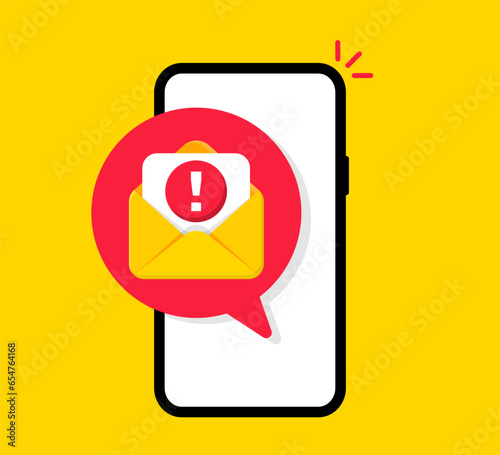Scam alert banner on smartphone. Mail fraud alert with attention sign. Hacker attack. Danger error alerts. Caution warning sign. Vector illustration.