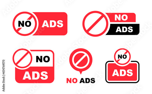 No ads badge set. Ad blocker for promotion design. Block internet advertisement. Vector illustration.