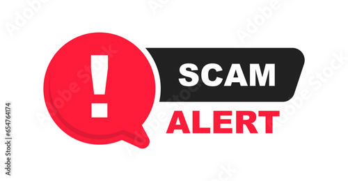 Scam alert banner with attention sign. Notification fraud alert. Hacker attack. Danger error alerts. Caution warning sign. Vector illustration.