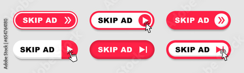 Skip Ad buttons with click cursor. Button ad blocking. No ads. Vector illustration.