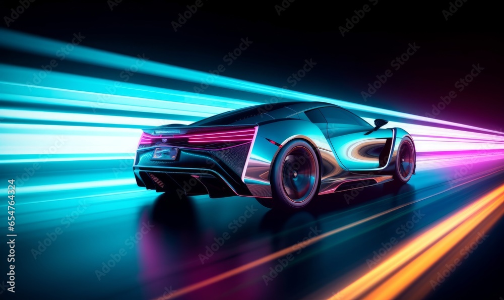 Futuristic Sports Car On Neon Highway. Powerful acceleration of a supercar with colorful lights trails, Generative AI